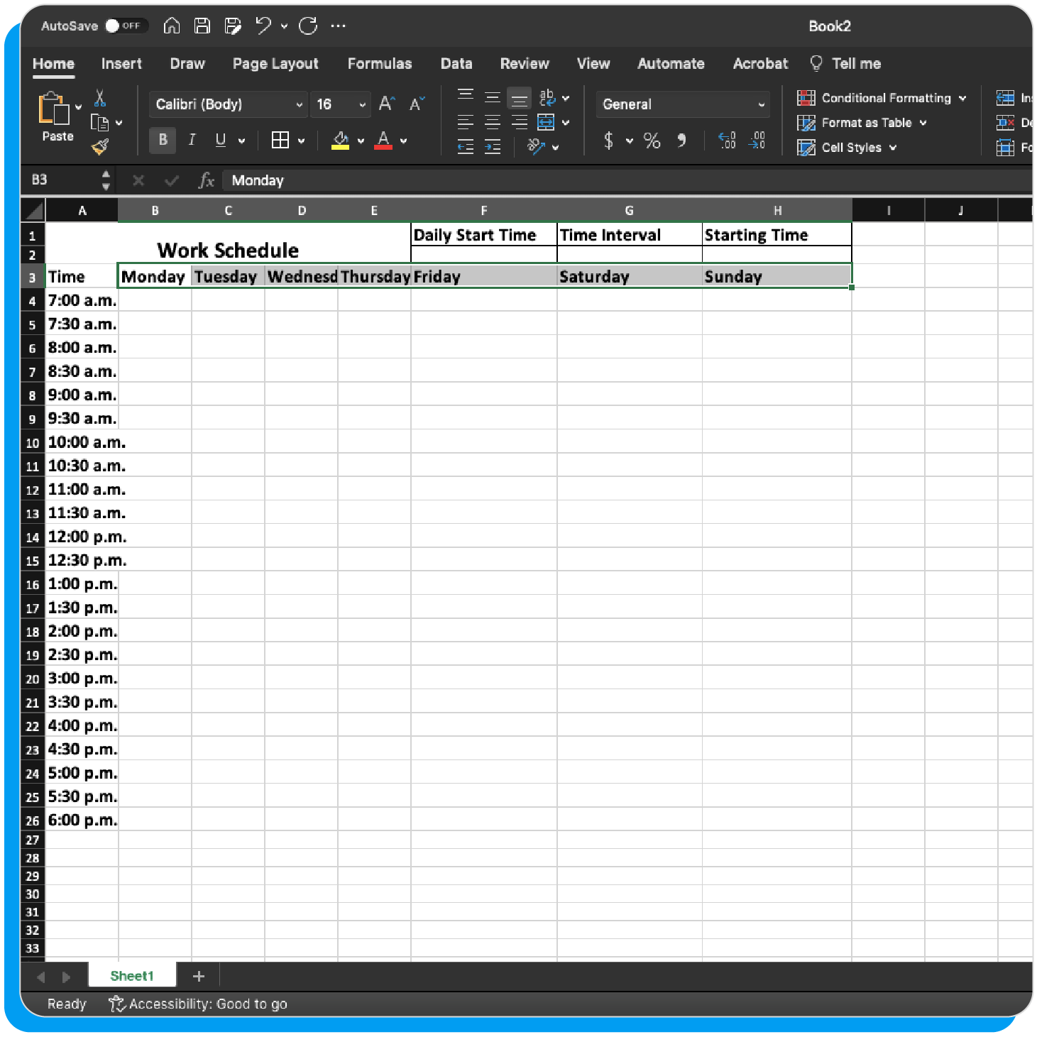 The eighth step when learning how to create a work schedule in Excel