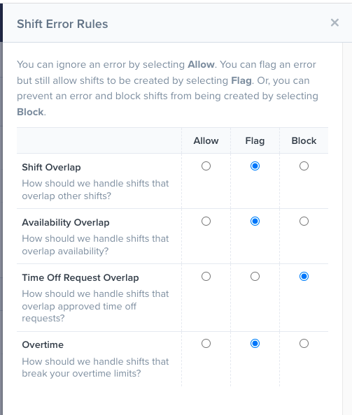 Shift Error Rules on ZoomShift