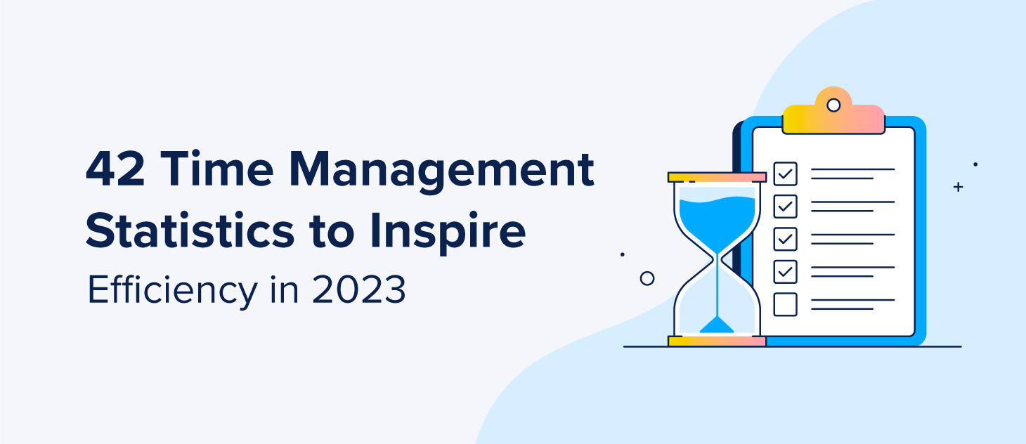 An hourglass and a to-do list on a clipboard with the text "42 Time Management Statistics to Inspire Efficiency in 2023"