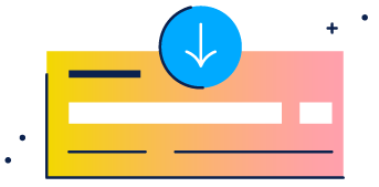 Image of a check with a down arrow indicating direct deposit.