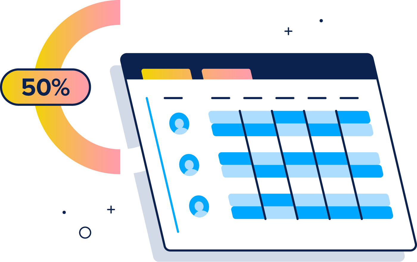 Image of a employee scheduling chart next to a donut chart with half shaded.