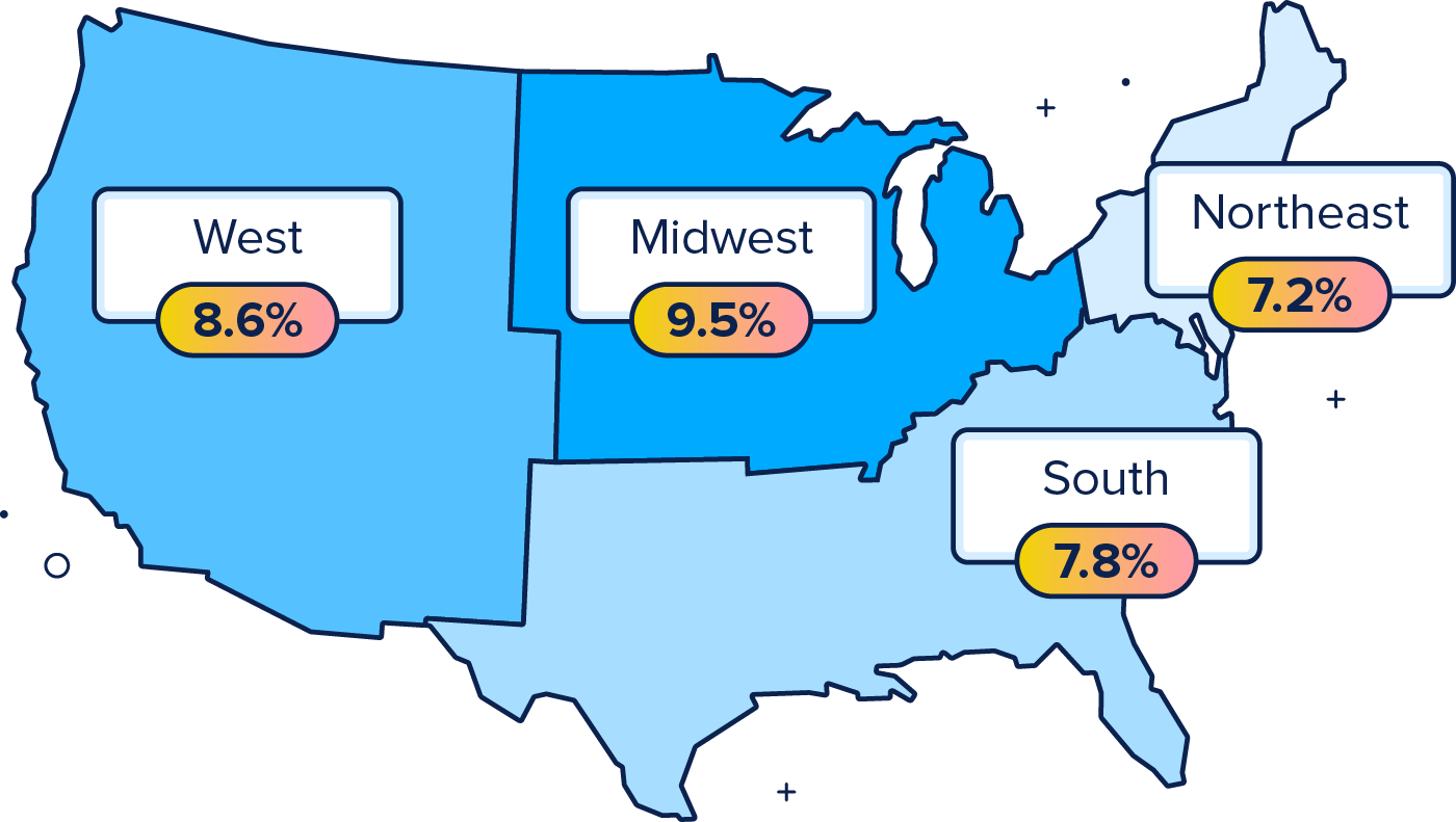 A map of the Untied States that reflects menu price increases in each region.