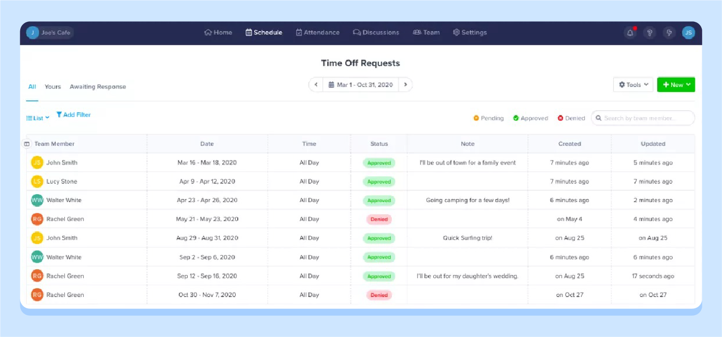 screenshot of time of requests schedule in Zoomshift