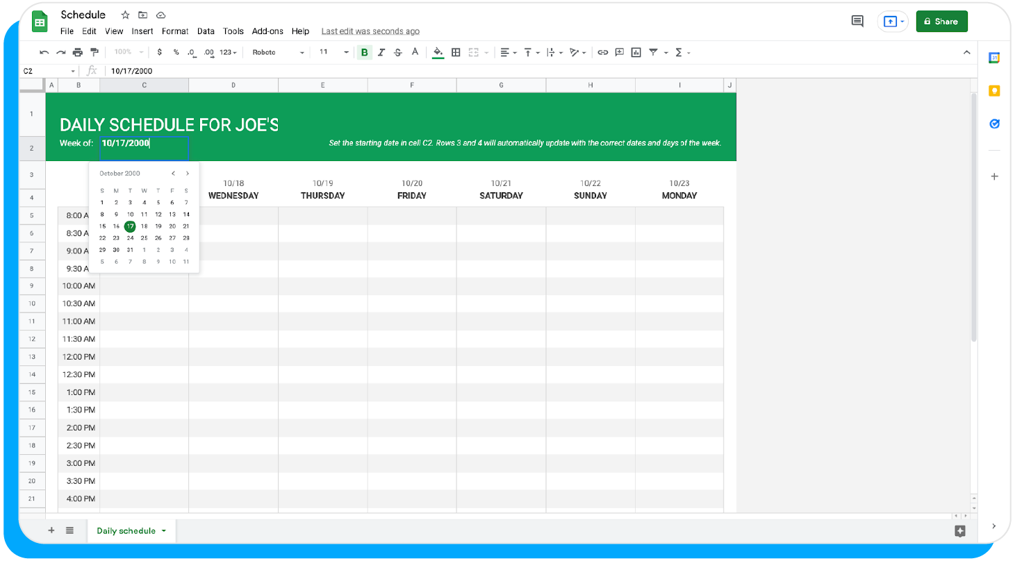 Google Sheets schedule template starting date and title 