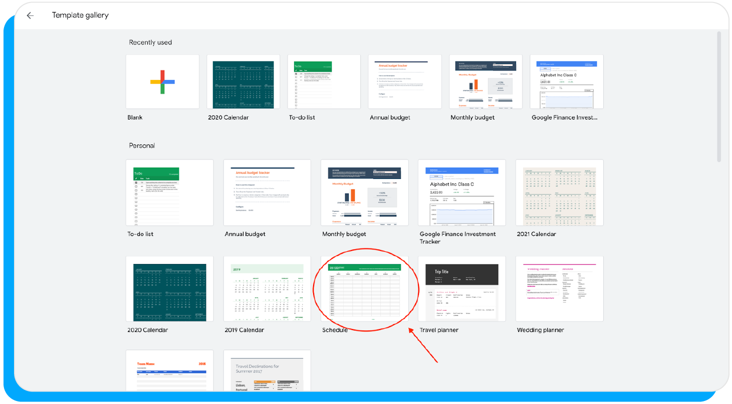 Google Sheets template with schedule template circled