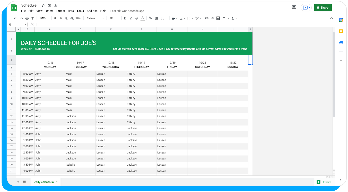 Google Sheets schedule template filled out