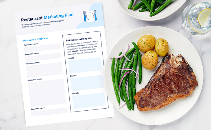 A restaurant marketing template rests on a table next to a steak dinner.