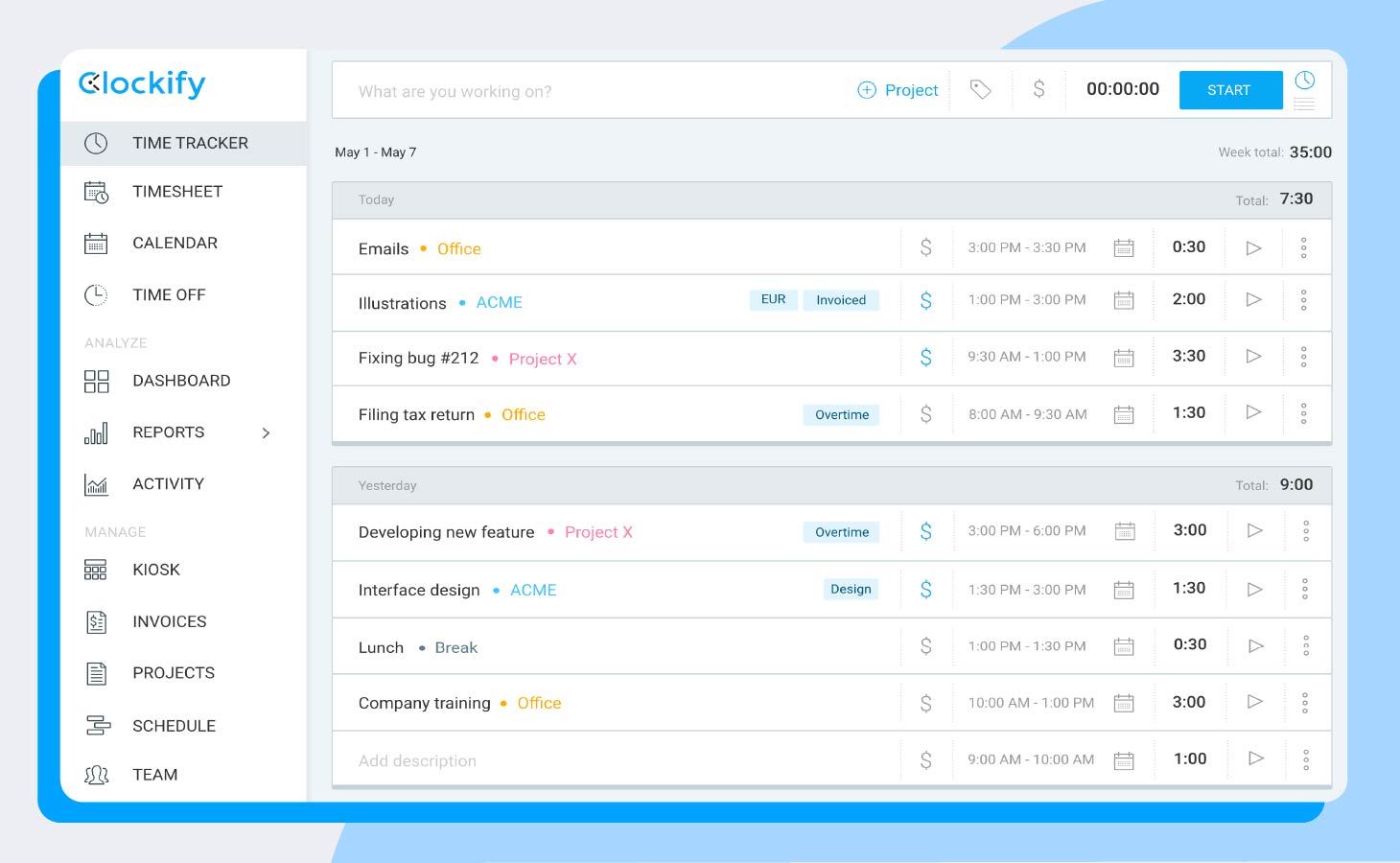Screenshot of Clockify, a popular time management tool
