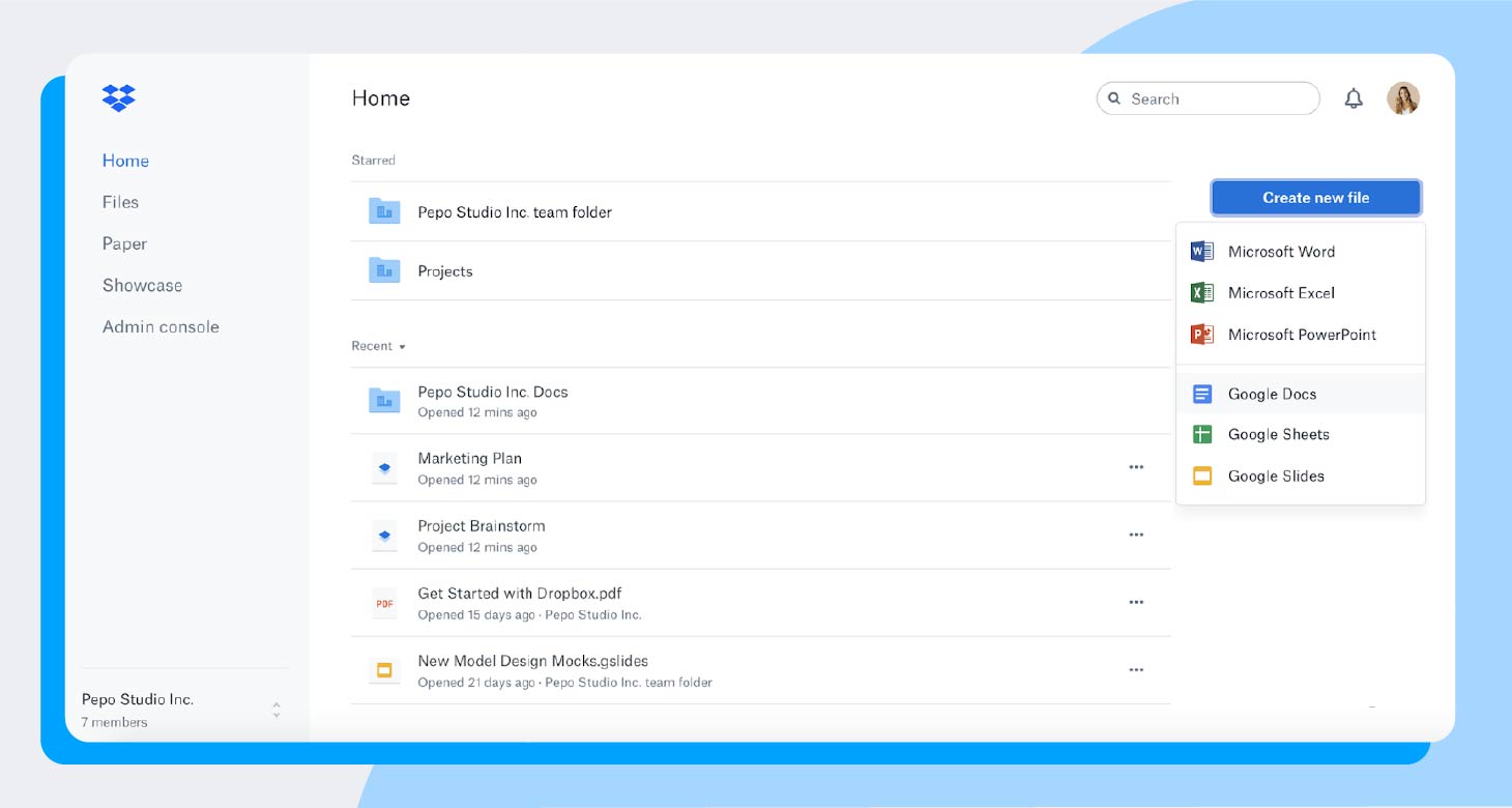 A screenshot of Dropbox, a popular time management tool