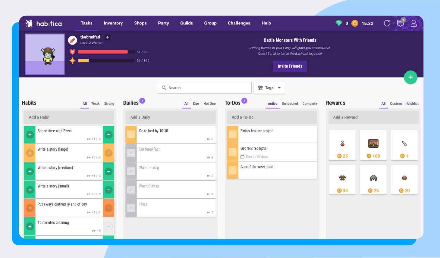 A screenshot of Habitica, a popular time management tool